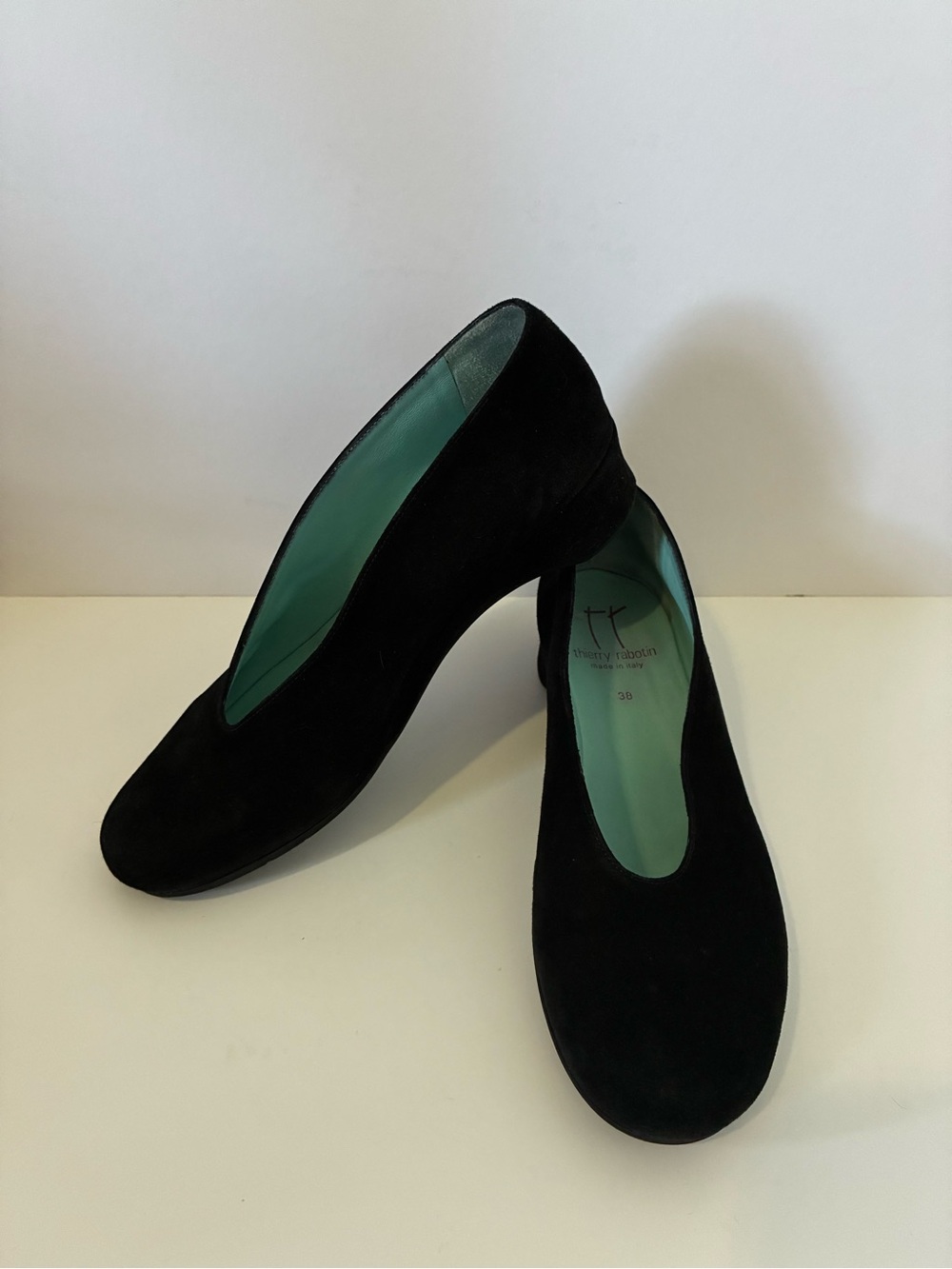 Thierry Rabotin Black Suede Low Heel Pumps with Teal Lining Sz. 38